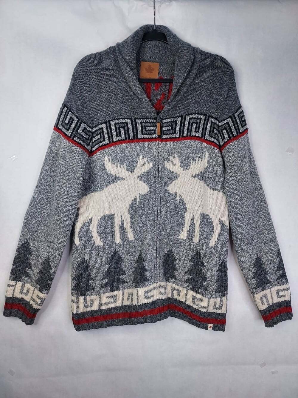 Canadiana Full Zip Cardigan Mens XL Grey Maple Leaf Moose Shawl Collar Cowichan